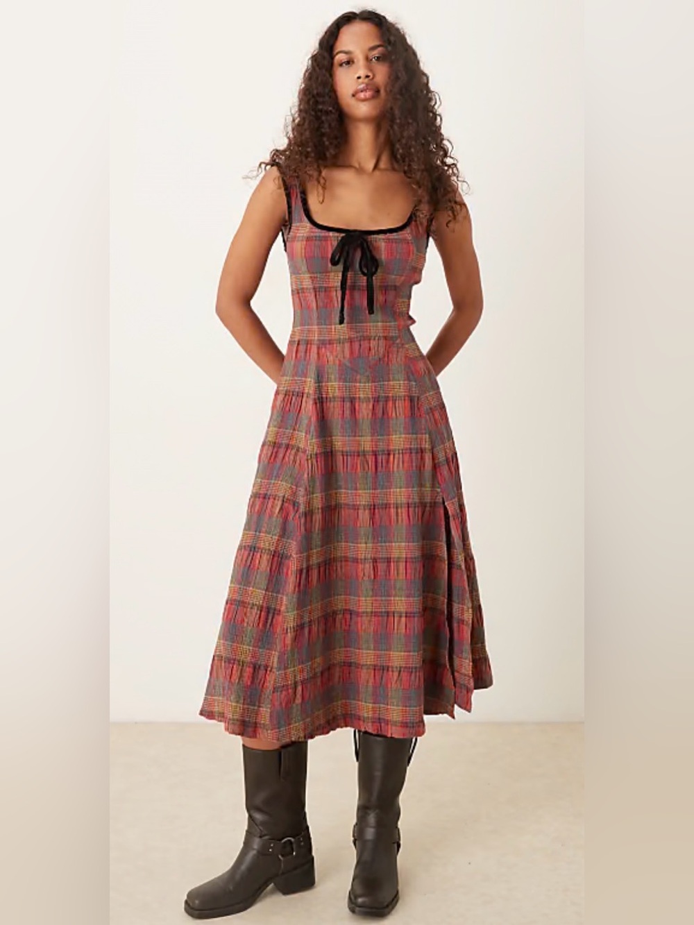 Free People Freya Strappy Plaid Midi Dress Cherry Medium NWT